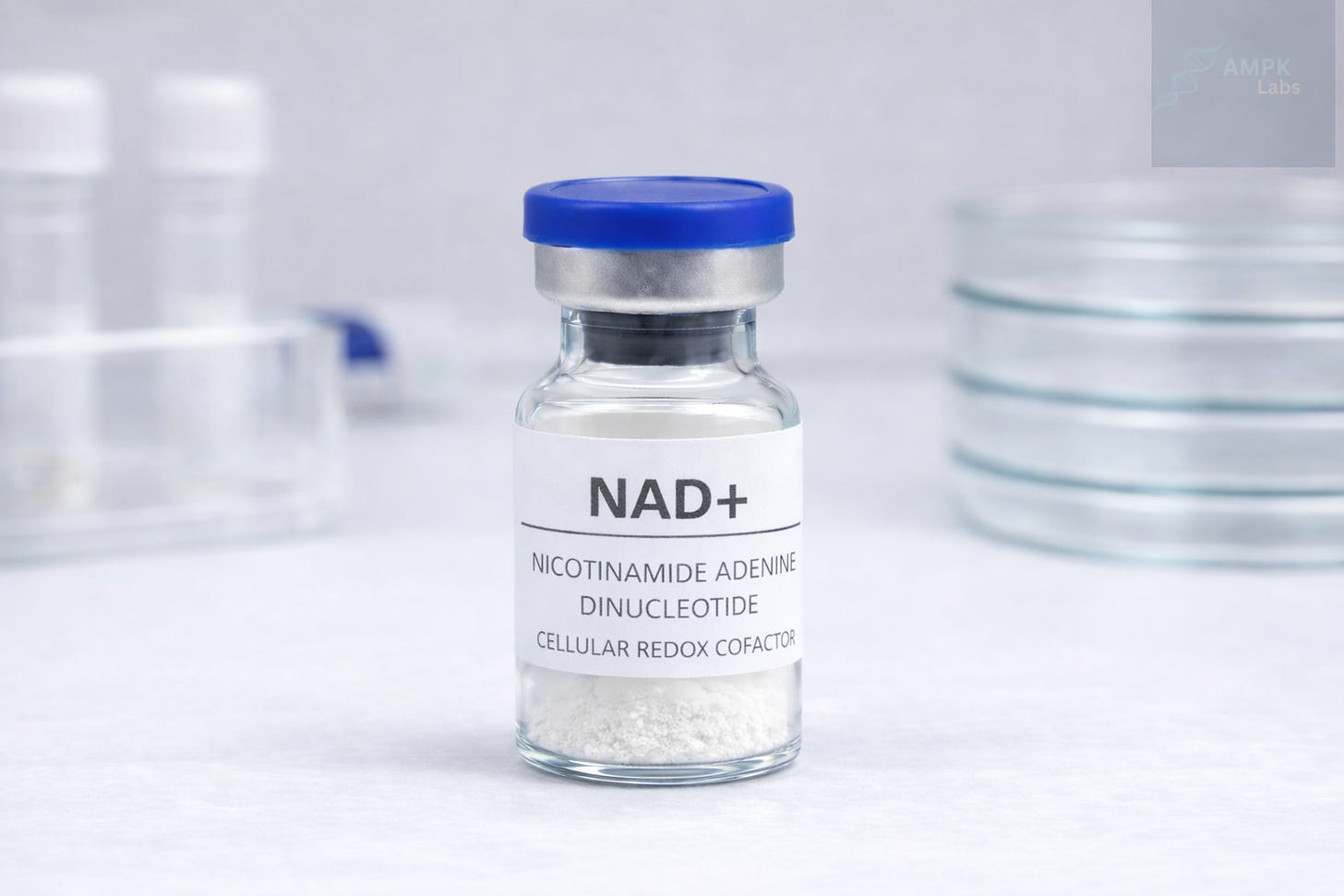 Laboratory vial labeled “NAD+ (Nicotinamide Adenine Dinucleotide)” containing white lyophilized powder with a blue cap, placed on a clean lab bench with blurred glassware in the background.