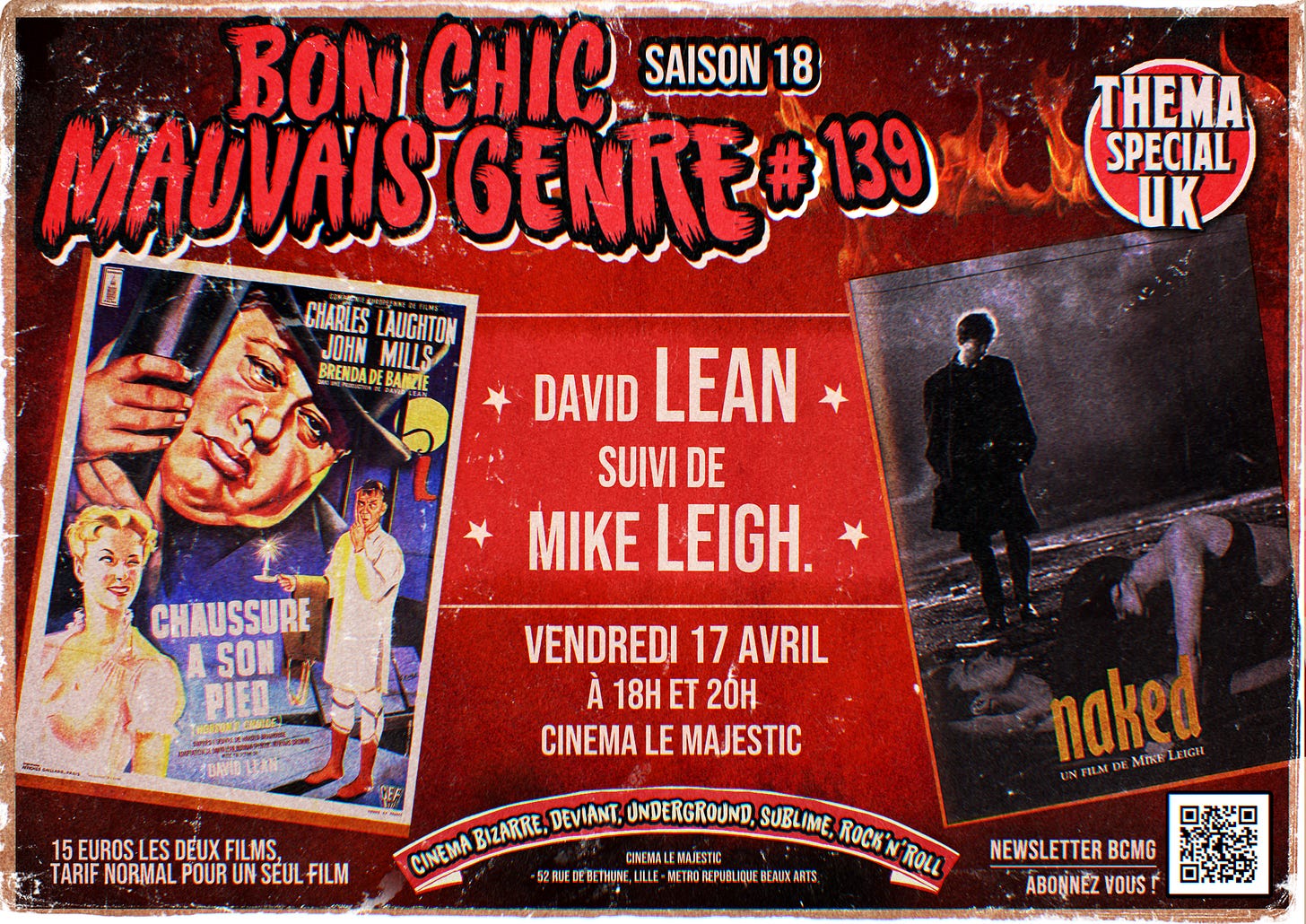 affiche de la prochaine soirée BON CHIC MAUVAIS GENRE  au cinéma Majestic de Lille le 17 avril 2026. On peut y avoir els affiches des films CHAUSSURE A SON PIED de David Lean et NAKED de  Mike Leigh.