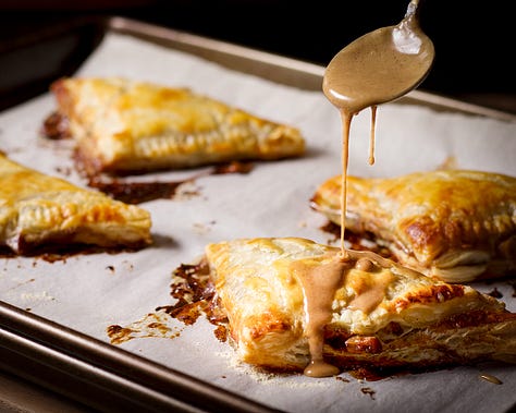 Step-by-step photos showing how to shape apple turnovers.