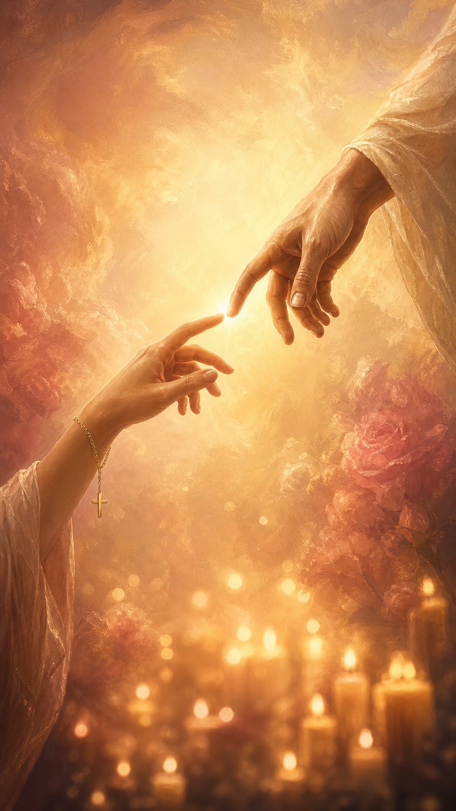 Two hands reaching across sacred light — believer and beloved