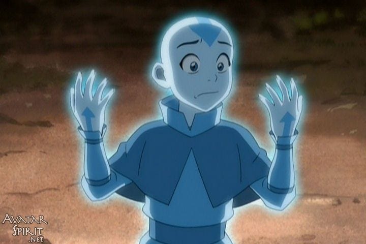 Avatar Aang, in spiritual form, realizing that he can't airbend in the Spirit World Avatar Aang, in spiritual form, realizing that he can't airbend in the Spirit World
