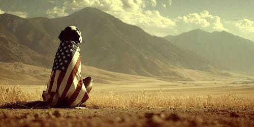 Patriotic Dog Sitting in Mountain Landscape Wrapped in American Flag photo