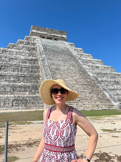 Pic one: Ivy sitting on a beach chair reading her kindle. Pic 2: Ivy in front of the Temple of Kukulcan. Pic 3: Ivy and Ryan swimming in a cenote. Pic 4: A bowl of ceviche and a spicy margarita. Pic 5: Cathedral in San Valladolid, Mexico. Pic 6: Mayan sculpture of Venus. Pic 7: Pokemon Go screenshot of Sprigatto on the beach at sunset Pic 8: View from balcony of the Marriott All Inclusive at night. Pic 9: My foot leaving footprints on the beach
