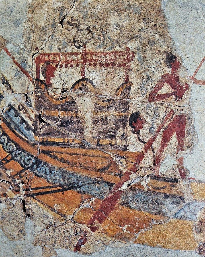The stern of a Minoan ship, with a special passenger riding in an ikrion while a sailor mans the steering oar.