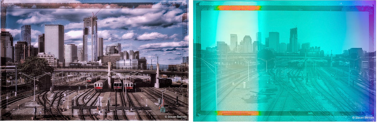 Left variation (hyper-real color/vintage border): Digitally altered version of the Boston MBTA yard photo with saturated, hyper-real color grading and a vintage film border. Right variation (light leaks, teal/violet): Digitally altered version of the Boston MBTA yard photo in teal and violet tones with a simulated film light-leak effect. Left variation (hyper-real color/vintage border): Digitally altered version of the Boston MBTA yard photo with saturated, hyper-real color grading and a vintage film border. Right variation (light leaks, teal/violet): Digitally altered version of the Boston MBTA yard photo in teal and violet tones with a simulated film light-leak effect.