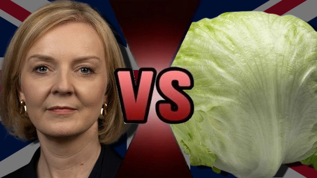 A photo of former British Prime Minister Liz Truss next to a lettuce with the word ‘vs’ between them