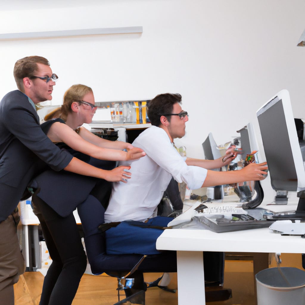 three very frantic people fighting to secure the one open desk with a working monitor in an open office plan