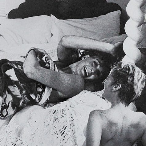 Black and white photographs that are old Hollywood movie stills that have had a lesbian figure collaged into the scene.