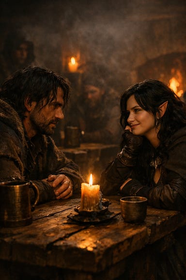Emil and Silverleaf talking across a wooden table in the dim, smoky Blood of the Vine Tavern, firelight flickering, villagers watching from shadows, Silverleaf with dark, slightly wavy hair, Barovian Gothic atmosphere