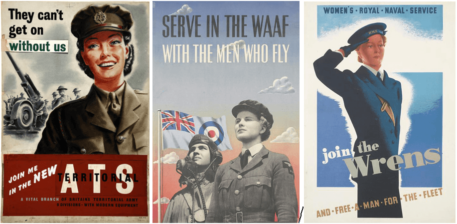 Three recruiting posters for the ATS, the WAAF, and the WRNs.