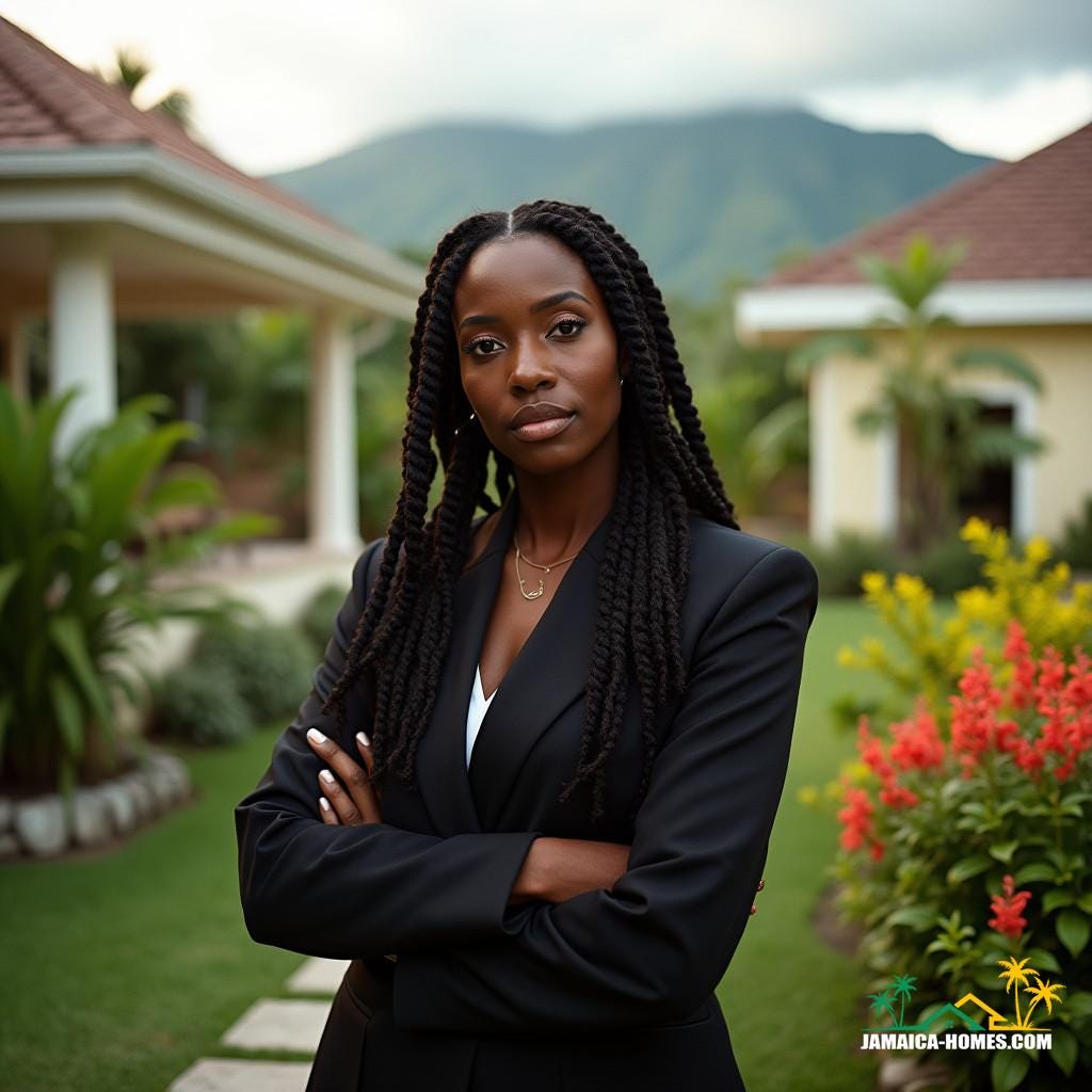 African Caribbean real estate agent with dreadlocks cascading down to her waistline, wearing a tailored business suit, standing in a luxurious Jamaican villa, surrounded by lush greenery and vibrant tropical flowers, with a stunning mountain range in the background, cinematic lighting casting a warm glow on her face