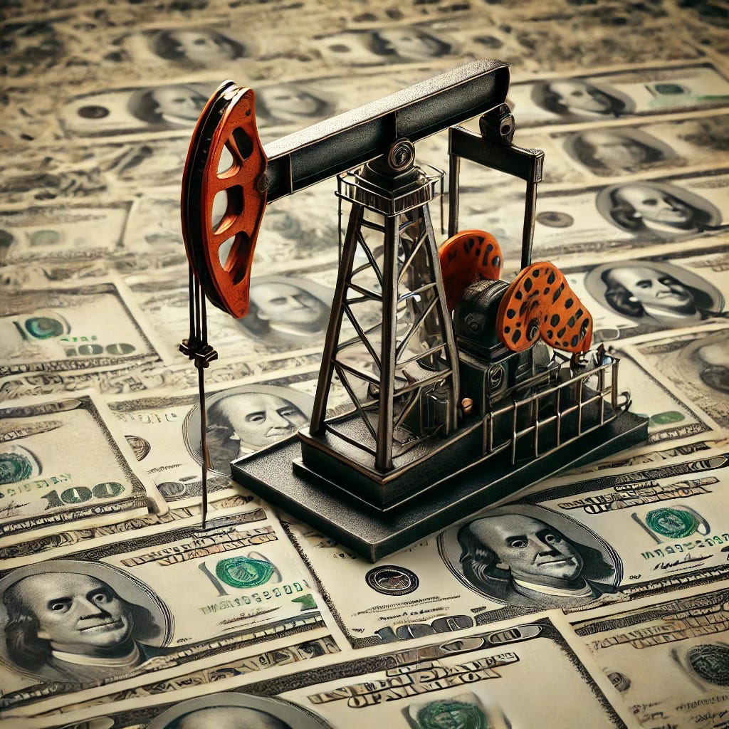 An oil pump jack placed on a surface made entirely of dollar banknotes. The pump jack is depicted in realistic detail, with its iconic mechanical arm and structure painted in industrial colors such as orange and black. The banknotes form a textured background, with visible denominations and designs, emphasizing wealth and economic connections to oil. The scene is well-lit with a neutral, professional lighting setup to highlight both the pump jack and the dollar banknotes. The perspective is slightly angled to showcase depth and detail.