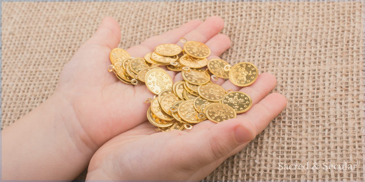 Close-up of hands gently holding a small collection of coins, symbolising reflection on money, value, generosity, and trust. Close-up of hands gently holding a small collection of coins, symbolising reflection on money, value, generosity, and trust.