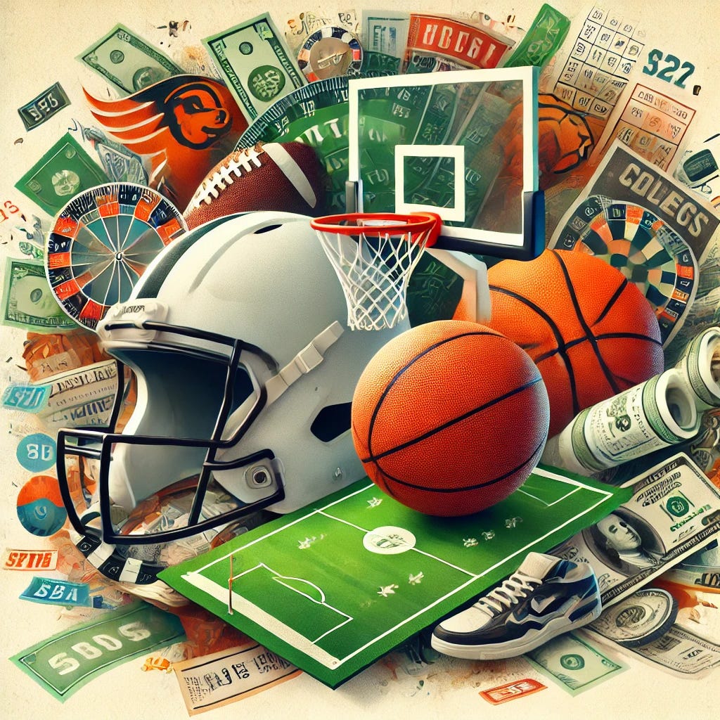 A visually dynamic collage-style image for a blog post titled 'Monday Bets & Musings: Football Recap, NBA, and College Hoops.' The composition features a football helmet and field, a basketball with a hoop, and a college emblem subtly in the background. Around these elements, include scattered betting slips and dollar bills to highlight the gambling theme. The colors should be vibrant but balanced, with a mix of green (for the football field), orange (for the basketball), and neutral tones for the betting slips.