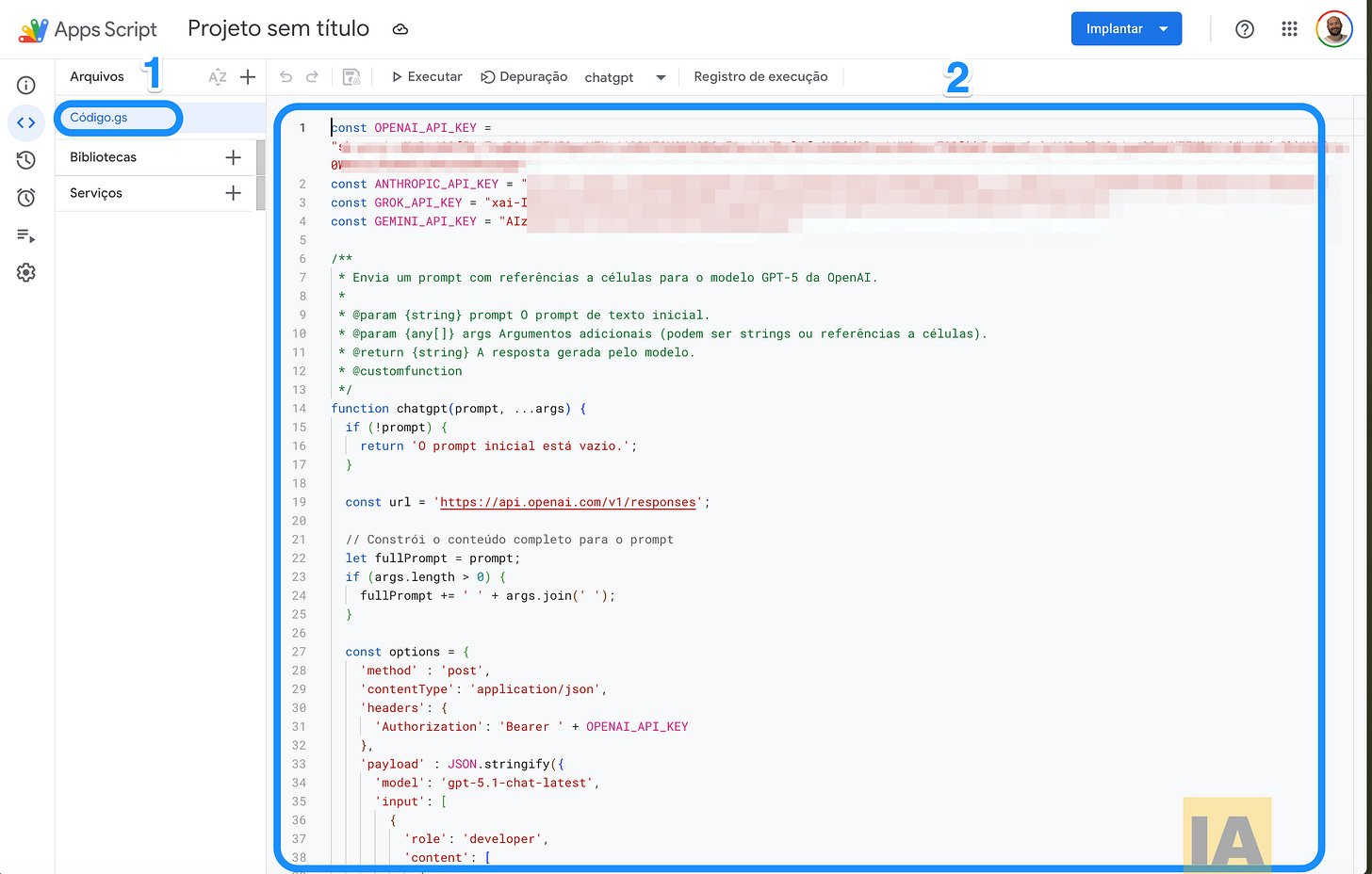 Imagem: Editor Apps Script com código Imagem: Editor Apps Script com código