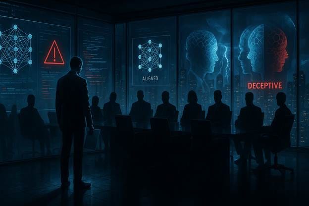 A lone AI researcher stands defiant in a tense, high-tech boardroom, surrounded by symbols of deception and risk.