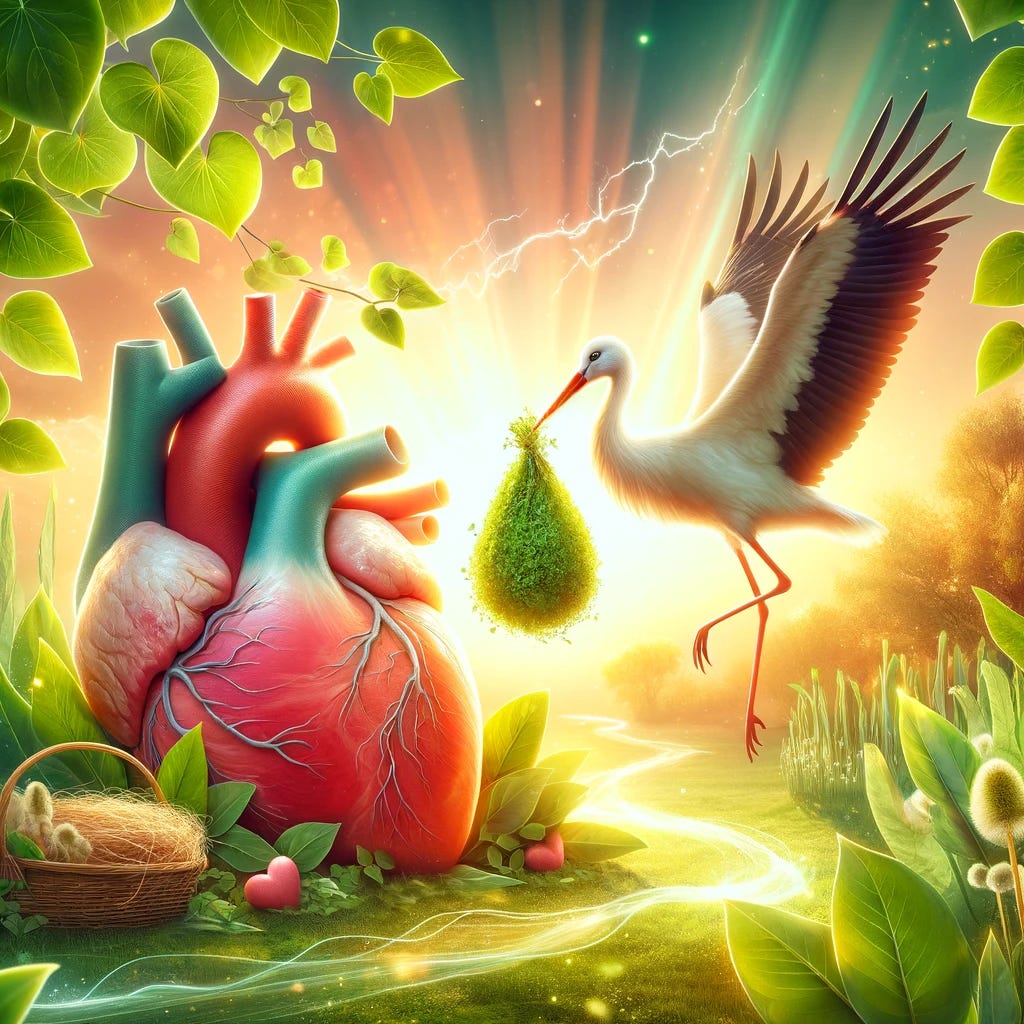 Create an image that symbolizes hope, health, and fertility, incorporating elements such as a vibrant heart, lush green leaves, and a stork carrying a bundle. The scene should radiate warmth and positivity, with a soft, glowing background suggesting a sunrise or the dawn of a new beginning. The heart symbolizes cardiovascular health and love, the green leaves represent growth and a healthy lifestyle, and the stork is a traditional symbol of fertility and the arrival of new life. This composition should convey a message of holistic well-being and the potential for new beginnings, without using any alphabets or numbers, to resonate with the theme of improving fertility outcomes through diet.