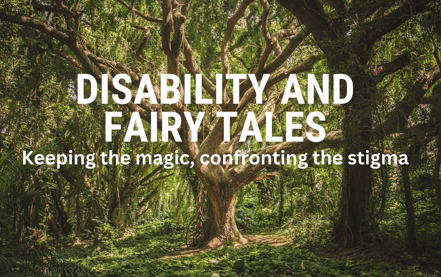 Thick forest with large trees, sunlight dappled on the moss floor, with white text overlaid in bold that reads 'disability and fairytales'.