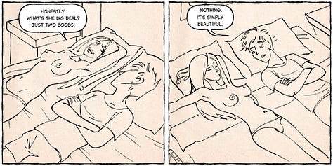 Selection of illustrations by Alfie featuring expressive drawings of nude women in varied settings, including intimate conversations, quiet contemplative moments, and imaginative scenes with plants, animals, and fantastical creatures, rendered in a soft, fluid line style with occasional watercolor tones.