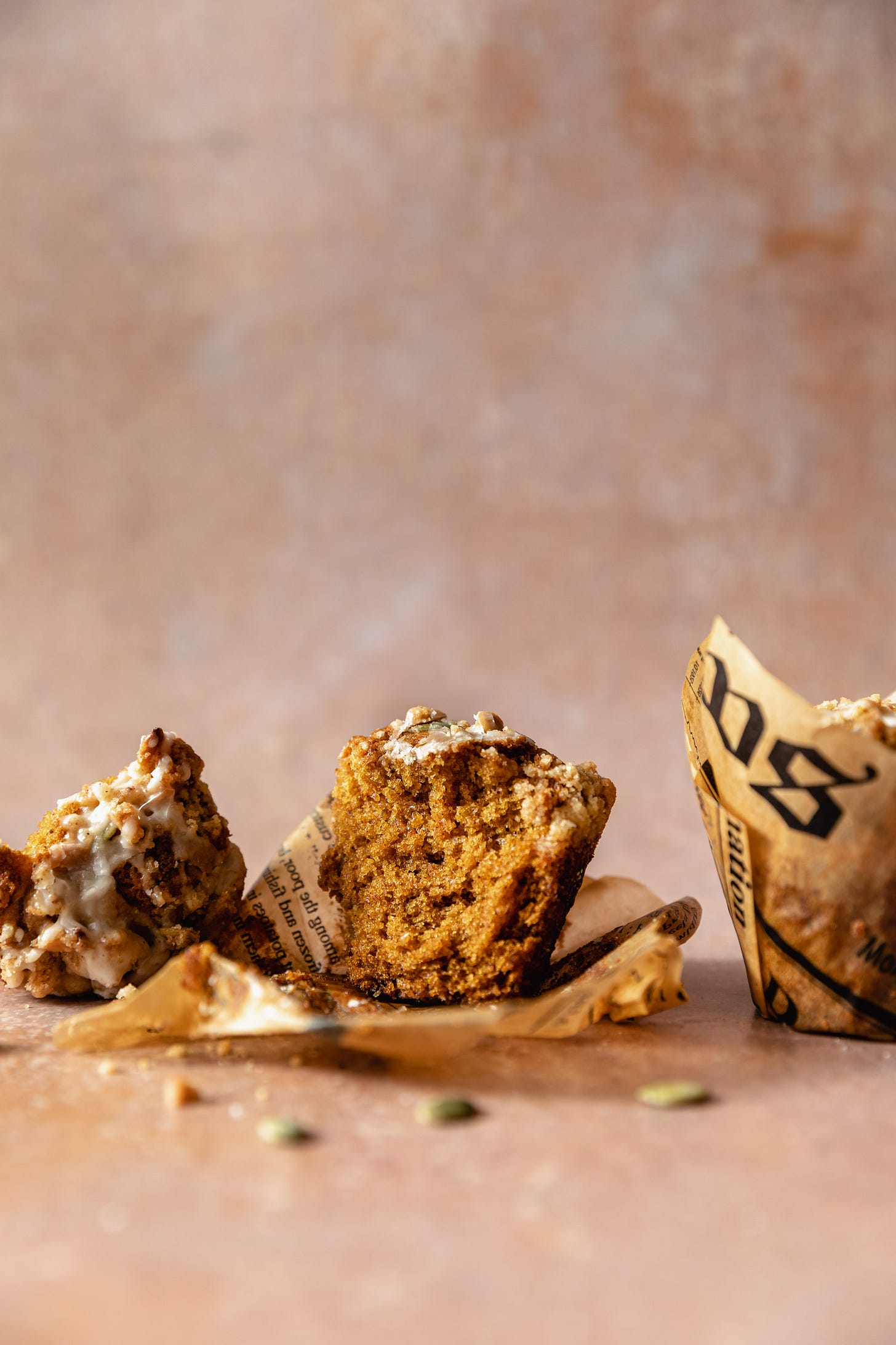 Vegan pumpkin streusel muffins seen from the side