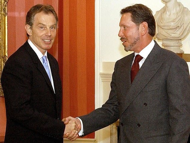 Sir Tony (left) has had a decades-long 'bromance' with Mr Ellison (right), who is worth £290billion - making him the world's second richest man