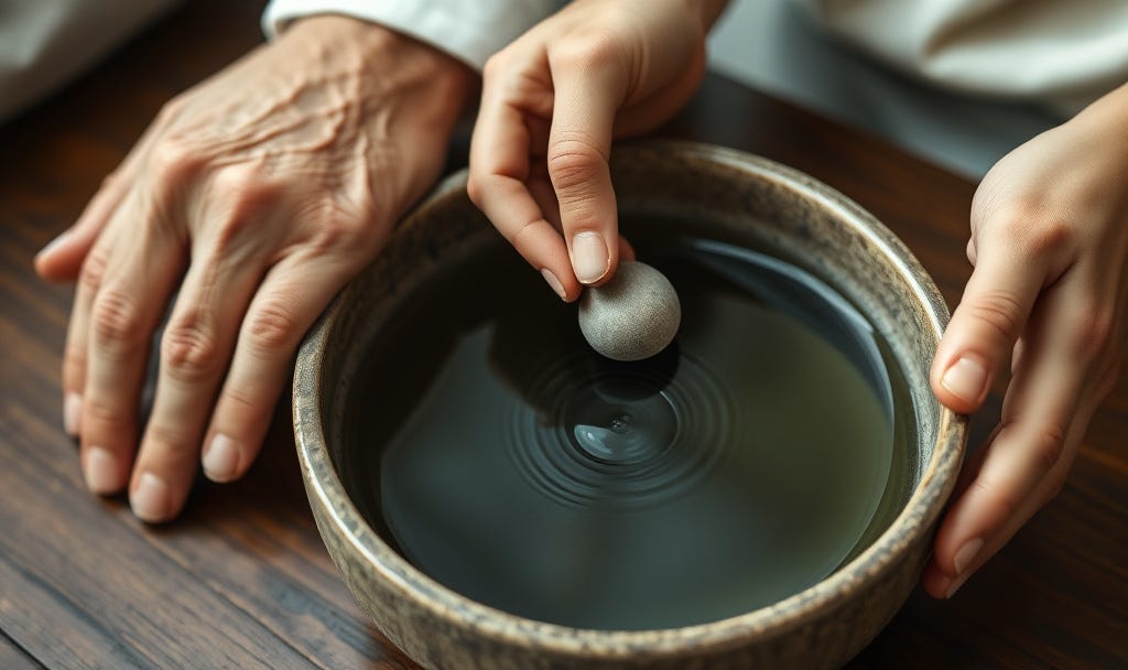 A close-up, high-angle shot of two sets of hands at a wooden table: a younger caregiver’s hand gently drops a small, smooth stone into a ceramic bowl of water, while an older, wrinkled hand rests nearby in a state of calm. Concentric ripples radiate outward from the center of the bowl, symbolizing how a single disciplined act of Pure Unlimited Love creates an expansive healing effect for both the giver and the receiver. A close-up, high-angle shot of two sets of hands at a wooden table: a younger caregiver’s hand gently drops a small, smooth stone into a ceramic bowl of water, while an older, wrinkled hand rests nearby in a state of calm. Concentric ripples radiate outward from the center of the bowl, symbolizing how a single disciplined act of Pure Unlimited Love creates an expansive healing effect for both the giver and the receiver.