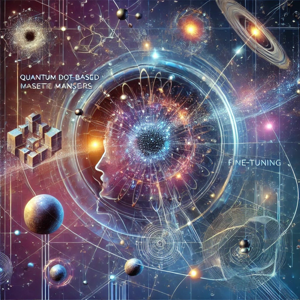 A visionary scientific illustration expanding on the Fiero Theory of Magnetivity. Display interconnected themes: quantum dot-based magnetic sensors detecting weak magnetic fields, cosmic structures showing fine-tuning in the universe, and abstract representations of time with magnetic field influences. Use magnetic field lines weaving through these elements to illustrate the theory’s broad influence. Employ a cosmic, futuristic aesthetic with deep colors like blues, purples, and touches of neon, symbolizing exploration and interconnected discovery. A visionary scientific illustration expanding on the Fiero Theory of Magnetivity. Display interconnected themes: quantum dot-based magnetic sensors detecting weak magnetic fields, cosmic structures showing fine-tuning in the universe, and abstract representations of time with magnetic field influences. Use magnetic field lines weaving through these elements to illustrate the theory’s broad influence. Employ a cosmic, futuristic aesthetic with deep colors like blues, purples, and touches of neon, symbolizing exploration and interconnected discovery.