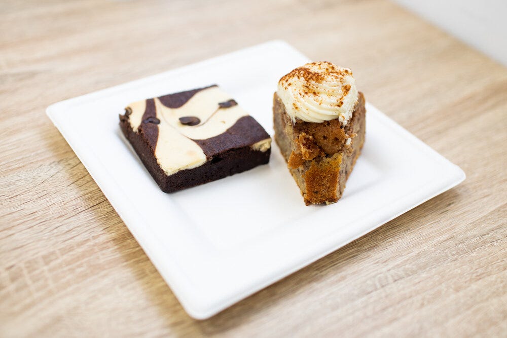 On the left: cheesecake brownie. On the right: coffee cake. On the left: cheesecake brownie. On the right: coffee cake.