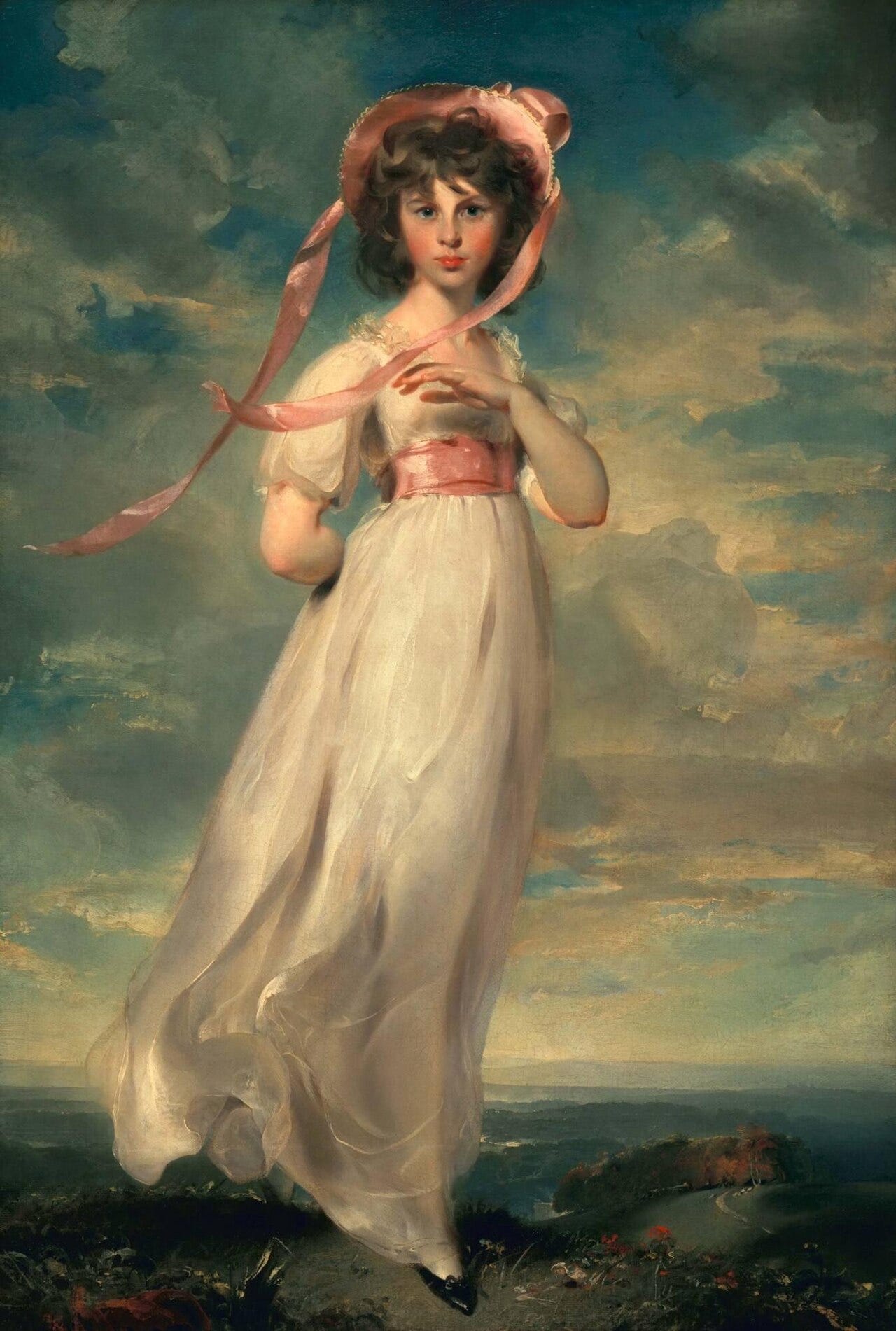 Young girl in a pink dress and wide bonnet against a windswept sky Young girl in a pink dress and wide bonnet against a windswept sky