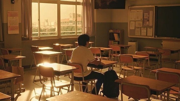 This may contain: a person sitting at a desk in front of a window