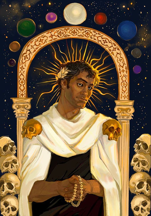 John Gaius depicted as a Saint, surrounded by skulls and planets. John Gaius depicted as a Saint, surrounded by skulls and planets.