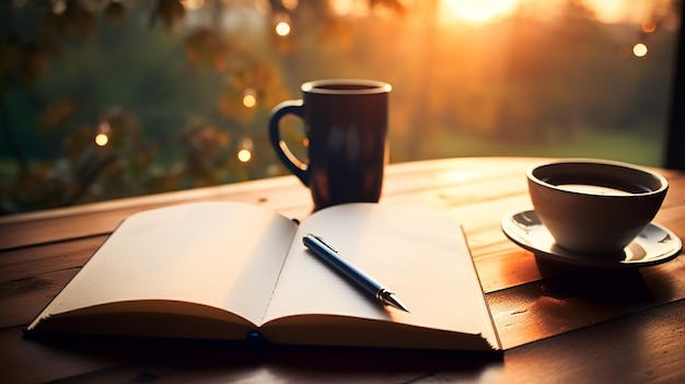 An open journal with pen coffee and warm light illuminating | Premium AI-generated image An open journal with pen coffee and warm light illuminating | Premium AI-generated image