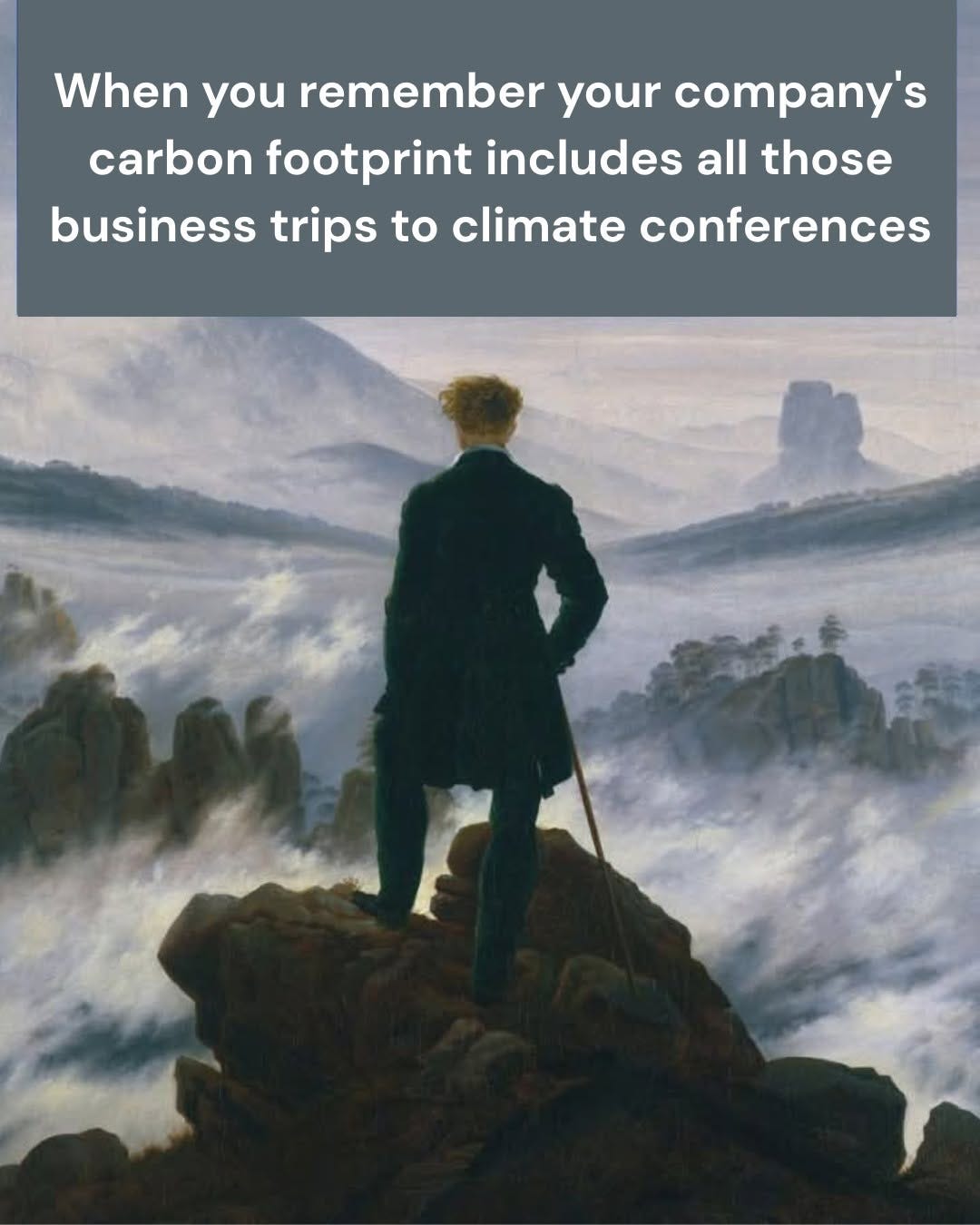 Caspar David Friedrich's Wanderer above the Sea of Fog, under the text "When you remember your company's carbon footprint includes all those business trips to climate conferences".