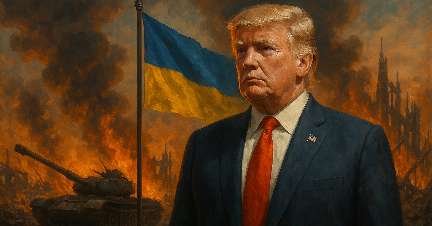 A dramatic digital painting of President Donald Trump standing solemnly in a dark suit and red tie amidst a war-torn Ukrainian cityscape. The background is engulfed in flames and smoke, with a smoldering tank and a battered Ukrainian flag prominently visible, symbolizing the chaos and geopolitical weight of the Ukraine conflict.