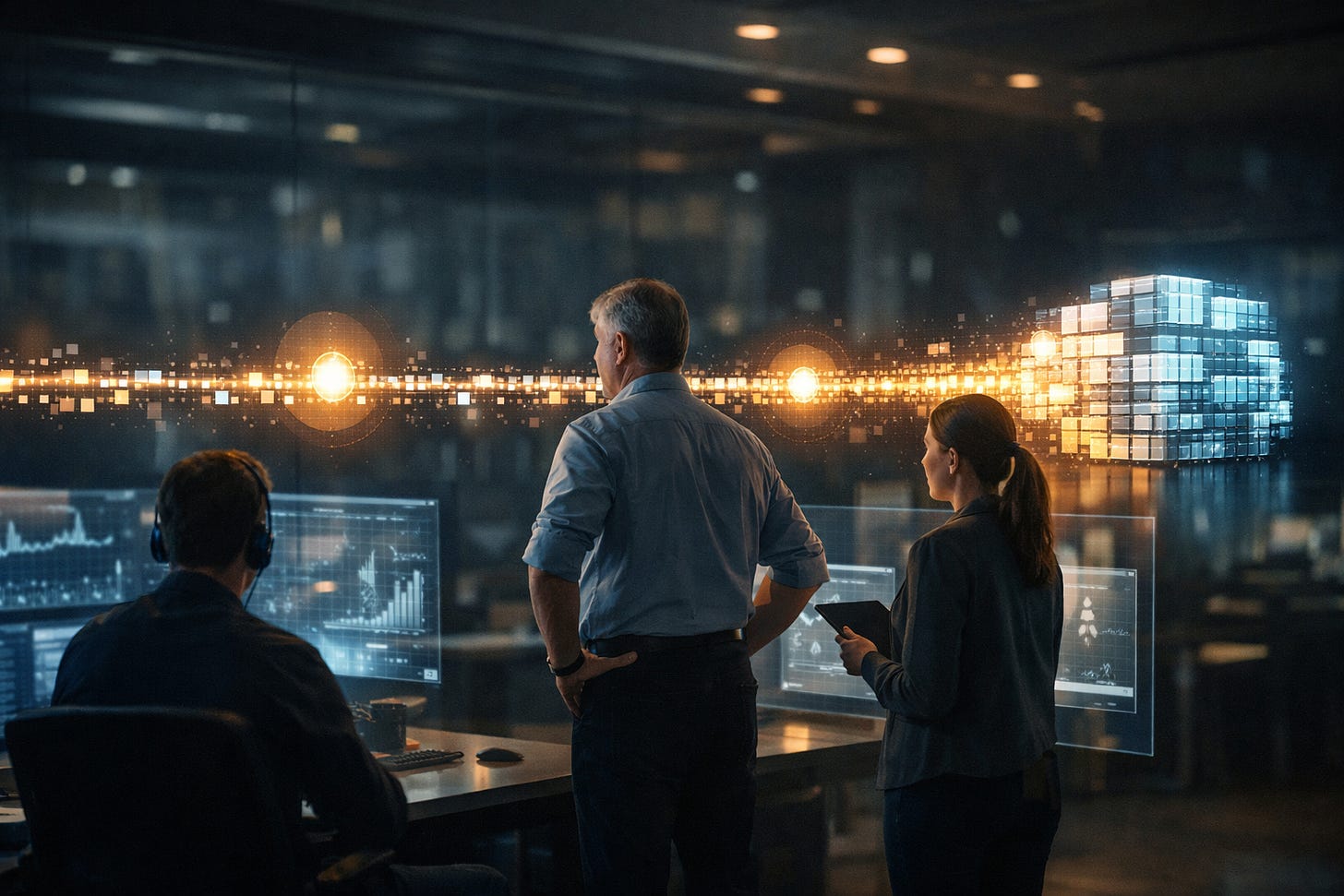 Professionals in a dark control room observing a glowing digital data stream and cube visualization. Professionals in a dark control room observing a glowing digital data stream and cube visualization.