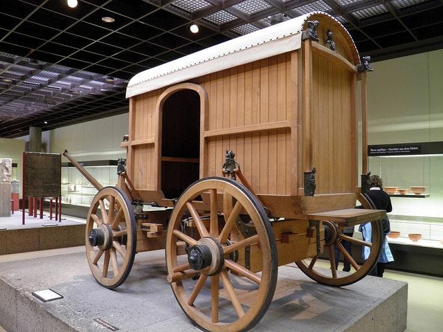 Reconstruction of a Roman traveling carriage richly decorated with bronze  fittings, Romisch-Germanisches Museum, Cologne