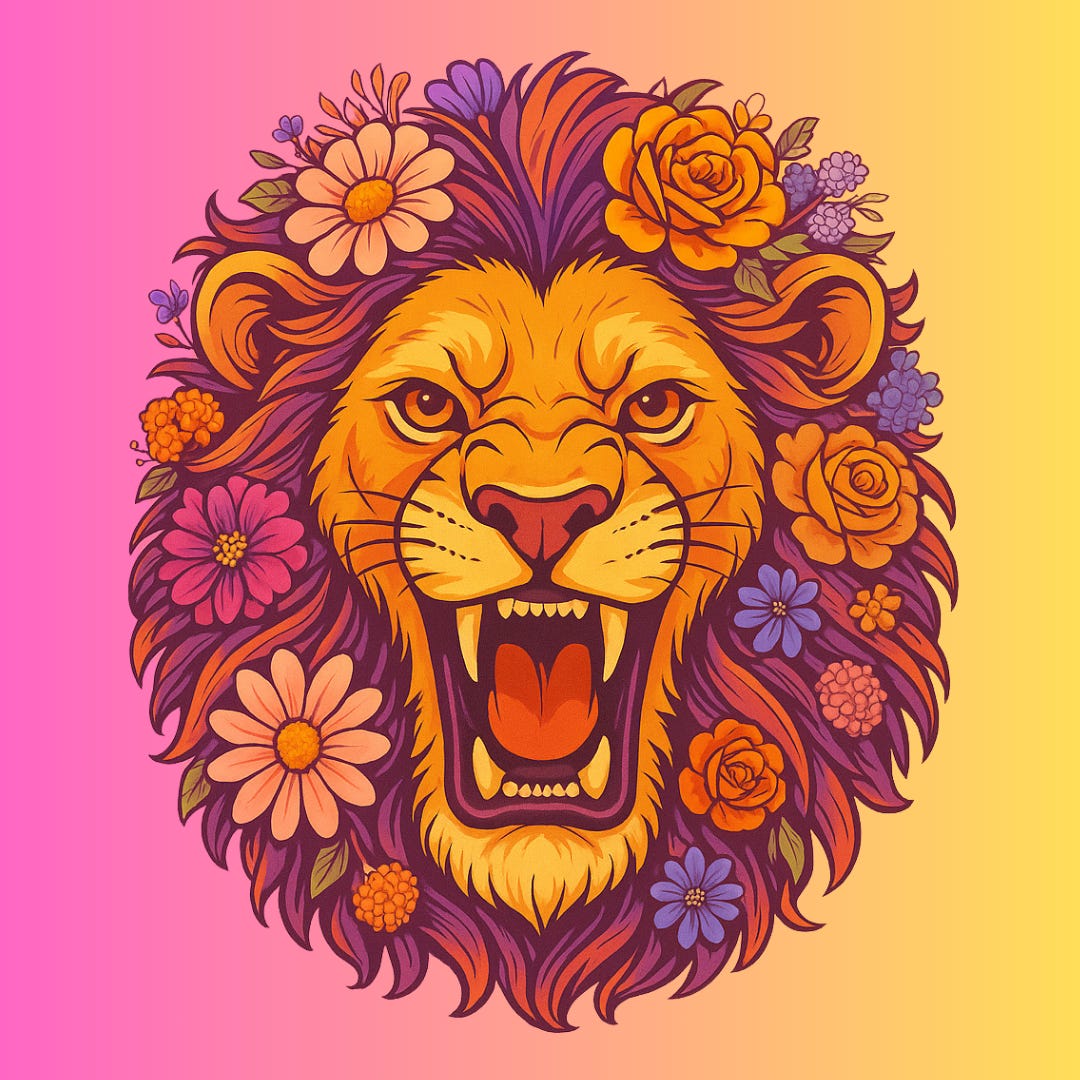 Beeldmerk van Brullende Stilte een brullende leeuw met bloemenmanen. Symbool voor veerkracht in rouw, liefde in stilte. Beeldmerk van Brullende Stilte een brullende leeuw met bloemenmanen. Symbool voor veerkracht in rouw, liefde in stilte.