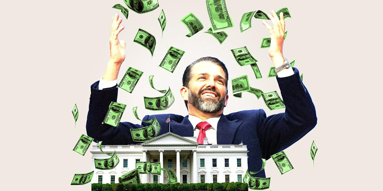 Photo collage of Donald Trump Jr. surrounded by money falling and the White House.