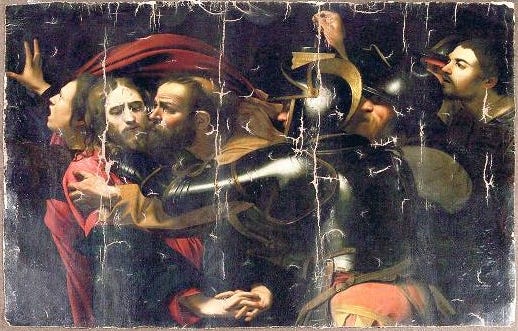 Soldiers seizing Christ at night while a man lifts a lantern Soldiers seizing Christ at night while a man lifts a lantern