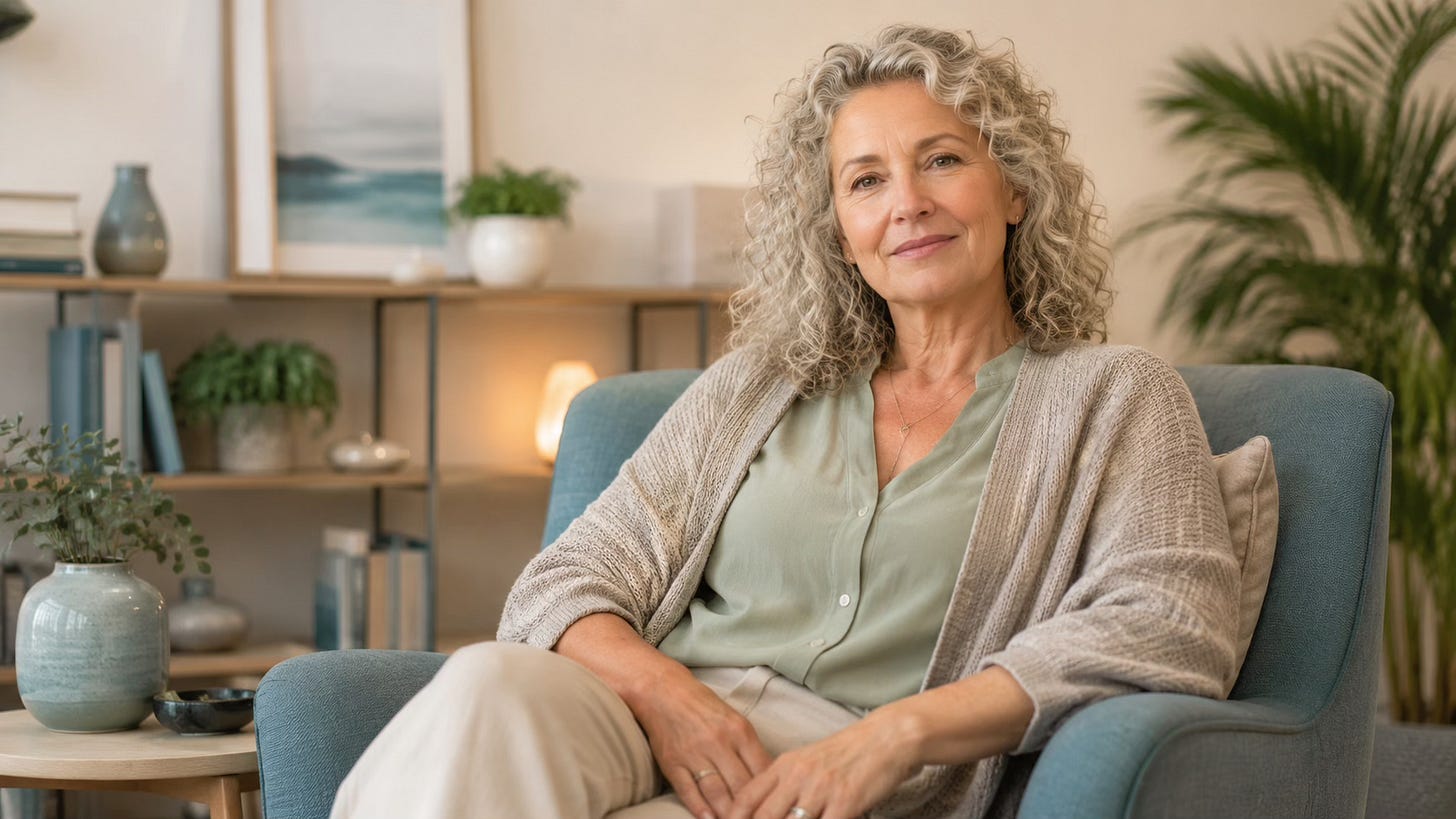 Woman sitting calmly in a supportive coaching space, representing feeling steadier and less alone.