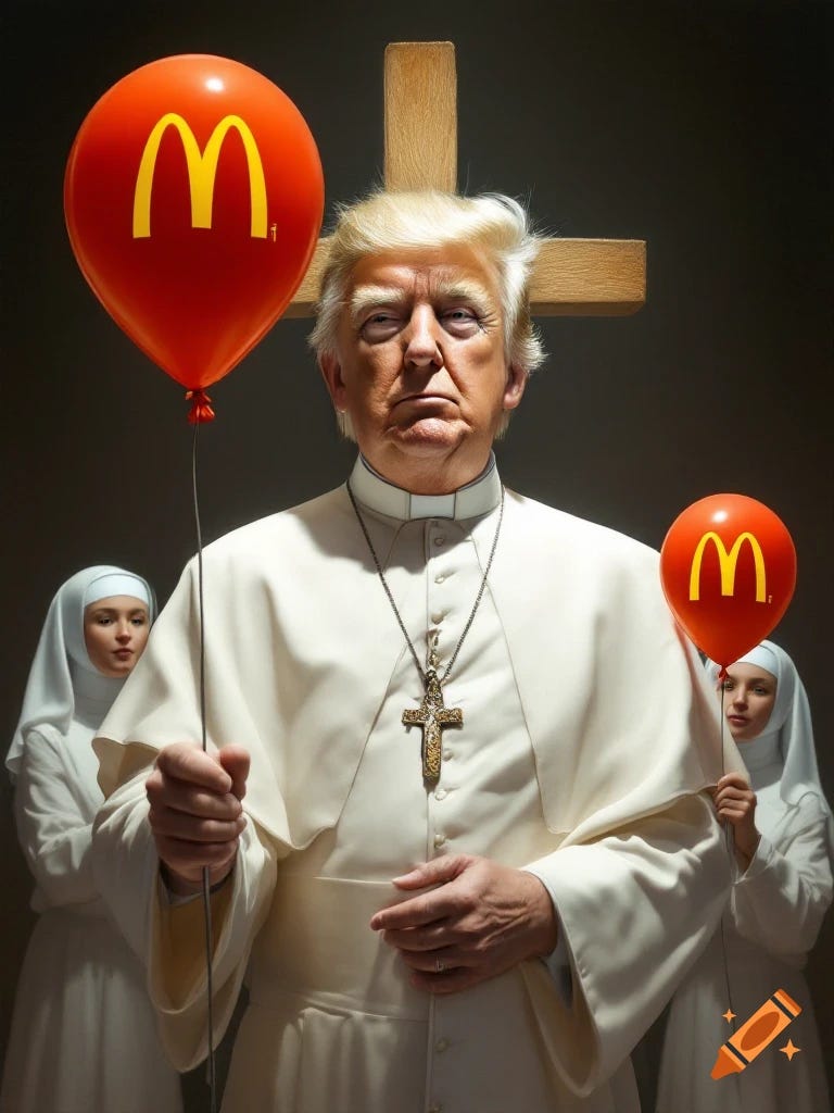 Donald Trump dressed as the Pope holds a McDonald's balloon with nuns  behind him, a cross is visible. on Craiyon