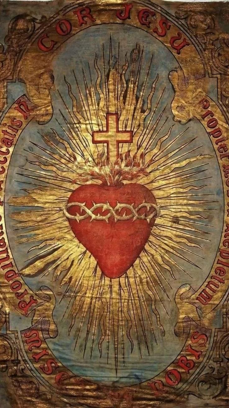This may contain: an ornate painting with a heart and cross on it