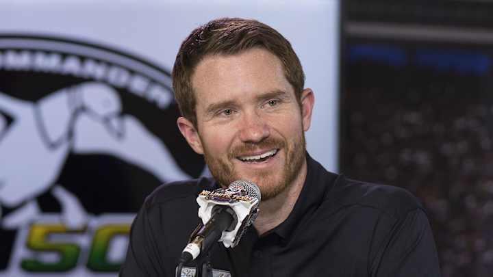 Brian Vickers (shown here in a 2016 press conference at Texas Motor Speedway) has returned to social media to announce the divorce of his wife Sarah Kellen. Brian Vickers (shown here in a 2016 press conference at Texas Motor Speedway) has returned to social media to announce the divorce of his wife Sarah Kellen.