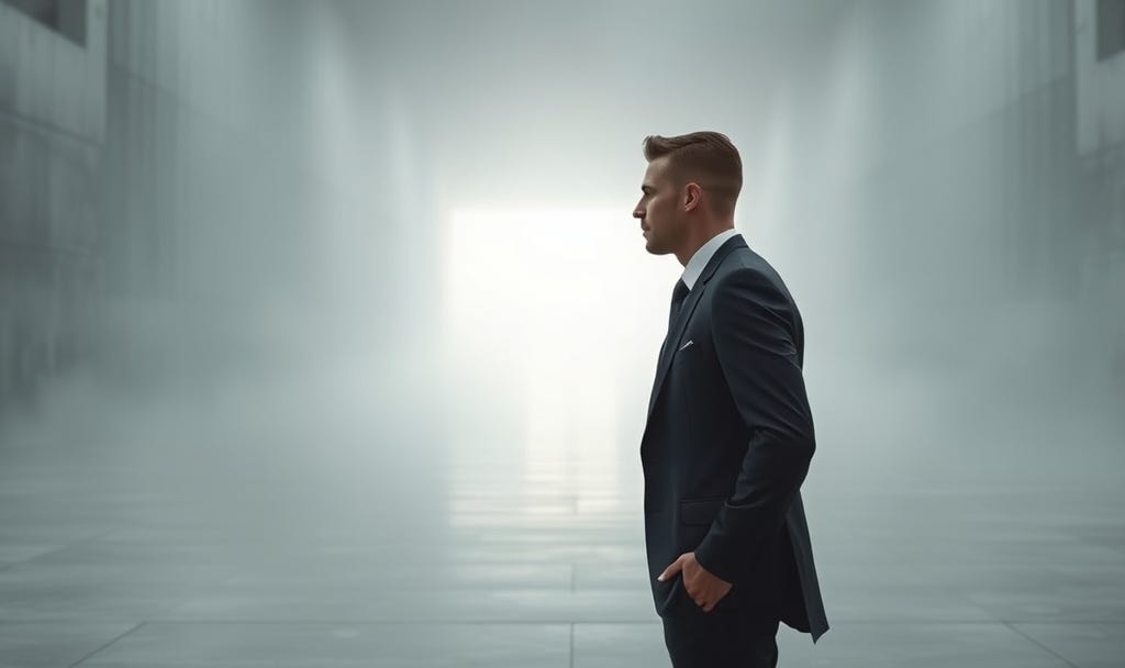 A person in a sharp, expensive suit standing alone in a vast, grey, minimalist architectural space (like a brutalist concrete hall) or a literal foggy forest. The person is looking away from the camera, perhaps toward a distant light. Representing The Invisible Man in the Boardroom. A person in a sharp, expensive suit standing alone in a vast, grey, minimalist architectural space (like a brutalist concrete hall) or a literal foggy forest. The person is looking away from the camera, perhaps toward a distant light. Representing The Invisible Man in the Boardroom.