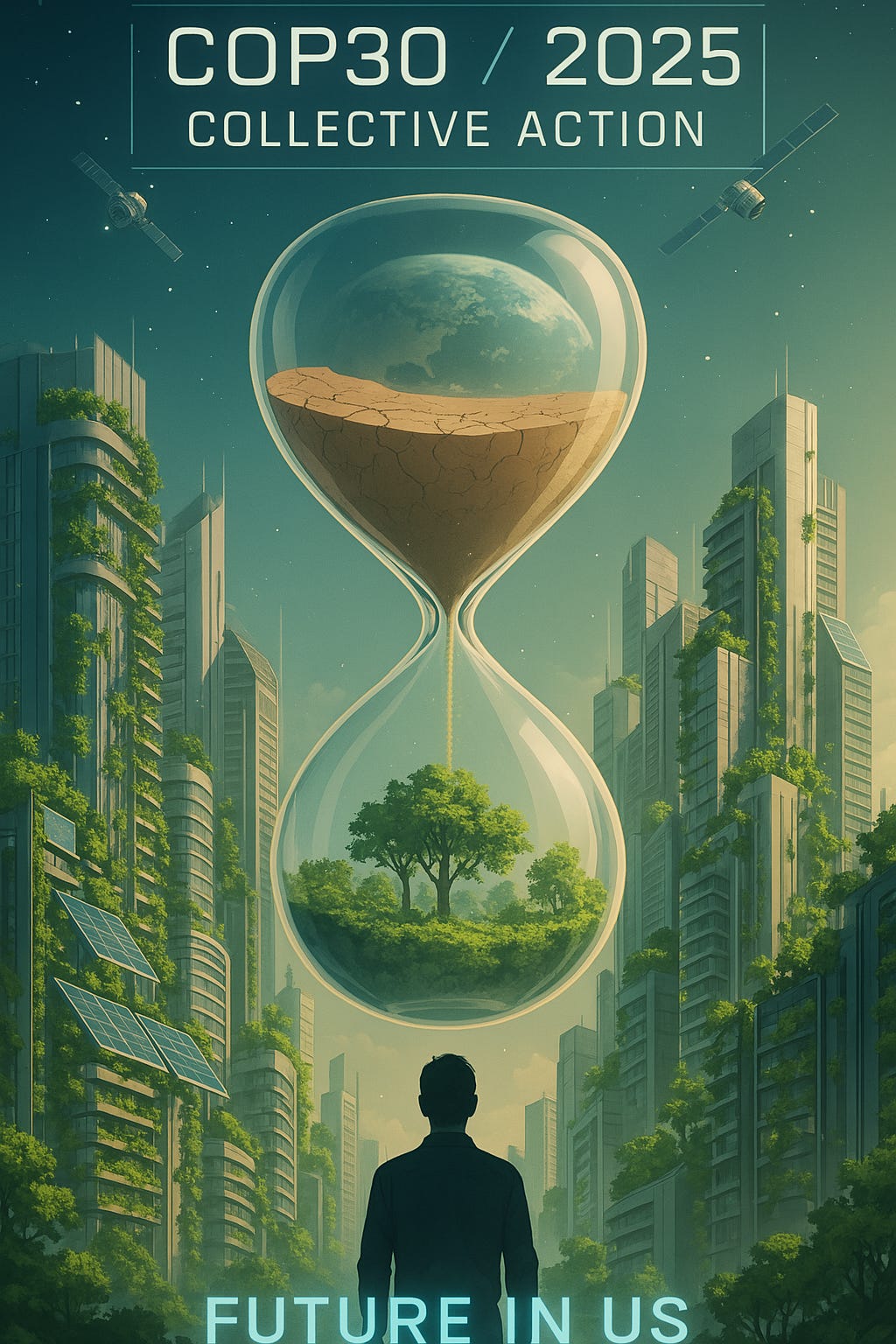 A futuristic city with vertical greenery, solar panels, and a giant hourglass showing environmental transformation. A lone figure looks toward a sustainable future. Text: COP30 / 2025 – Collective Action.