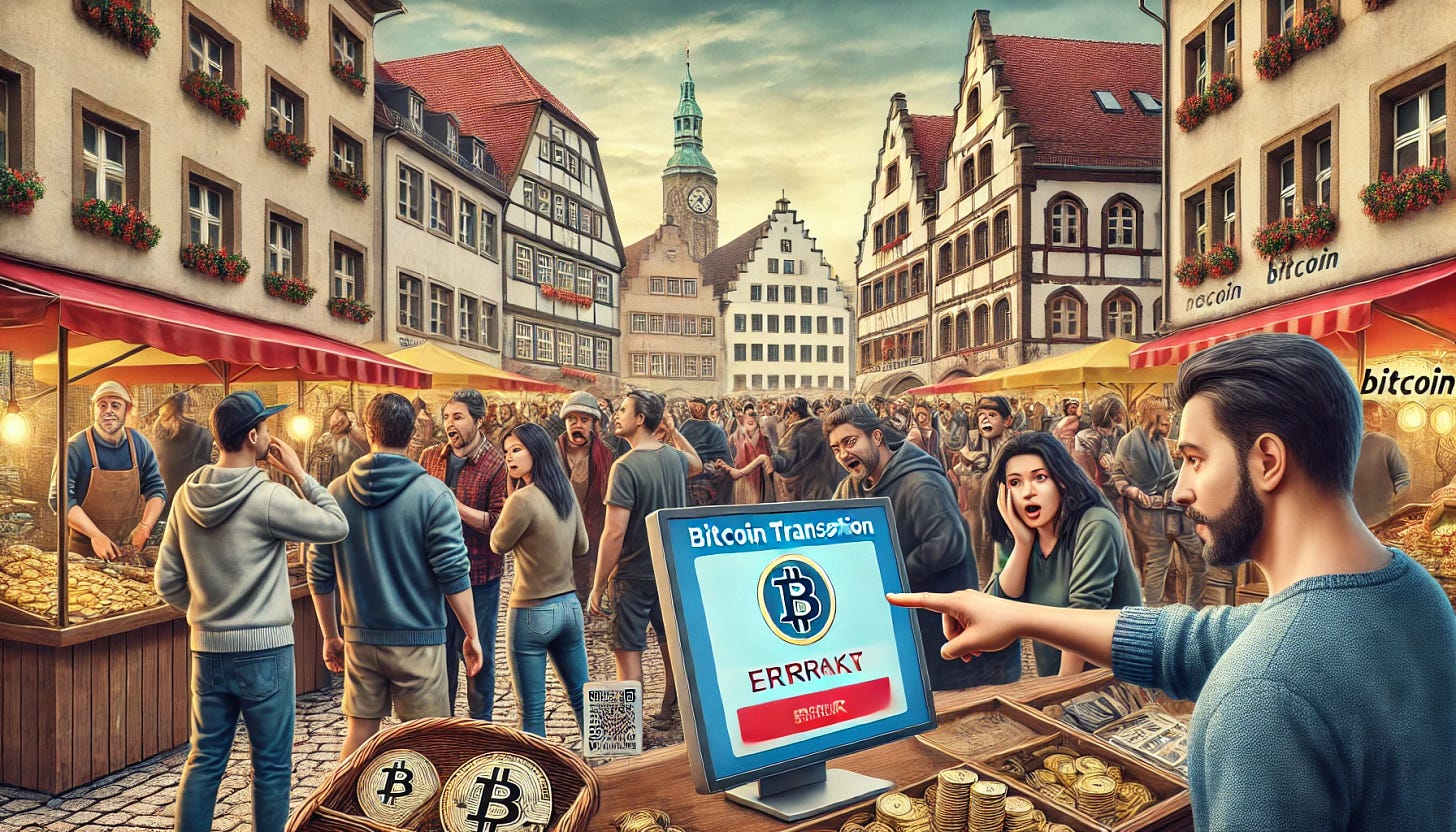 A bustling outdoor market scene in Germany with people actively buying and selling Bitcoin. In the foreground, a vendor and a customer are looking confused and frustrated at a digital screen showing an erroneous Bitcoin transaction. The screen displays an error message and a red warning symbol. Nearby, other vendors and customers are noticing the mistake and reacting with surprise or concern. Traditional German architecture forms the backdrop, and there is a blend of modern technology like digital signage and QR codes integrated into the market. The atmosphere is a mix of lively energy and tension due to the mistaken transaction.
