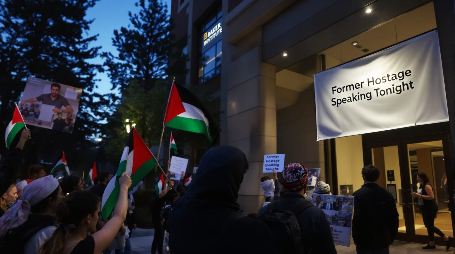 Cover photo of pro-Palestine students outside event with signage