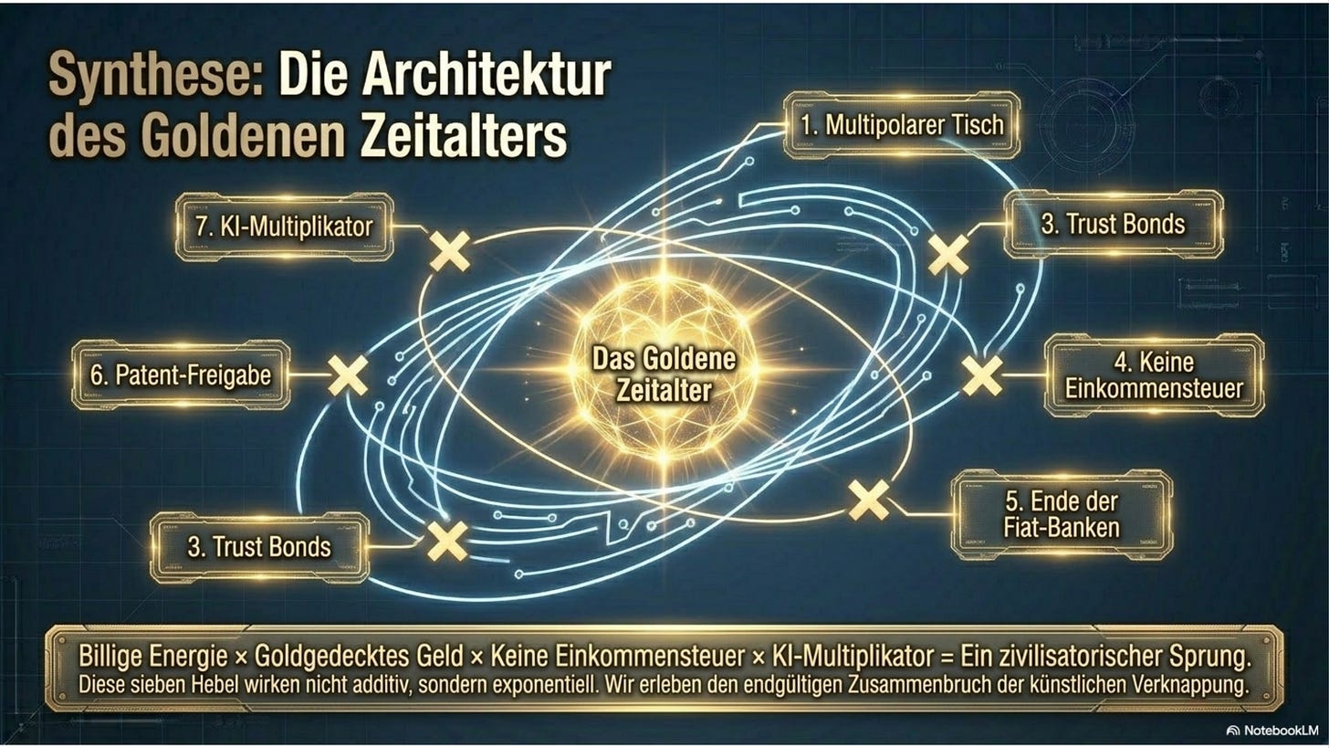 Die Synthese: billige Energie × goldgedecktes Geld × keine Einkommensteuer × KI-Multiplikator — die sieben Hebel wirken nicht additiv, sondern exponentiell.