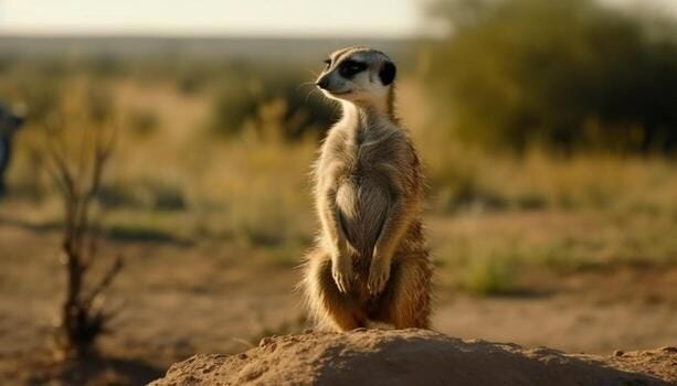 Alert meerkat standing in nature, watching with cute focus generated by AI photo