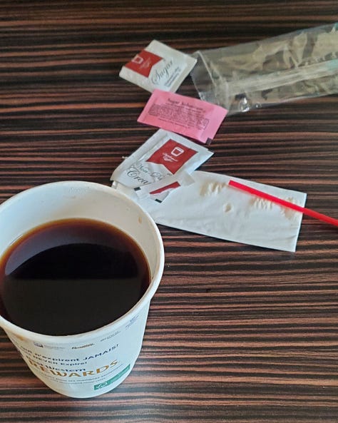 Four pictures showing the hotel room, dinner,  and "the" coffee.